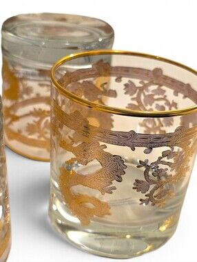Retired Williams Sonoma Lunar New Year Gold Dragon Dbl Old Fashioned Glasses NEW